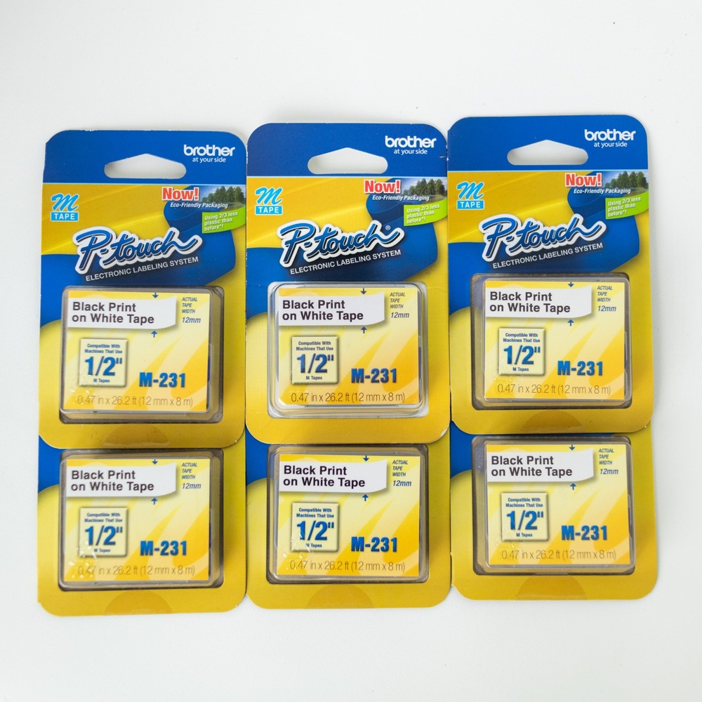 Set of 6 NEW Brother P-Touch M-231 Label Tape 1/2" Black on White Thermal 12mm